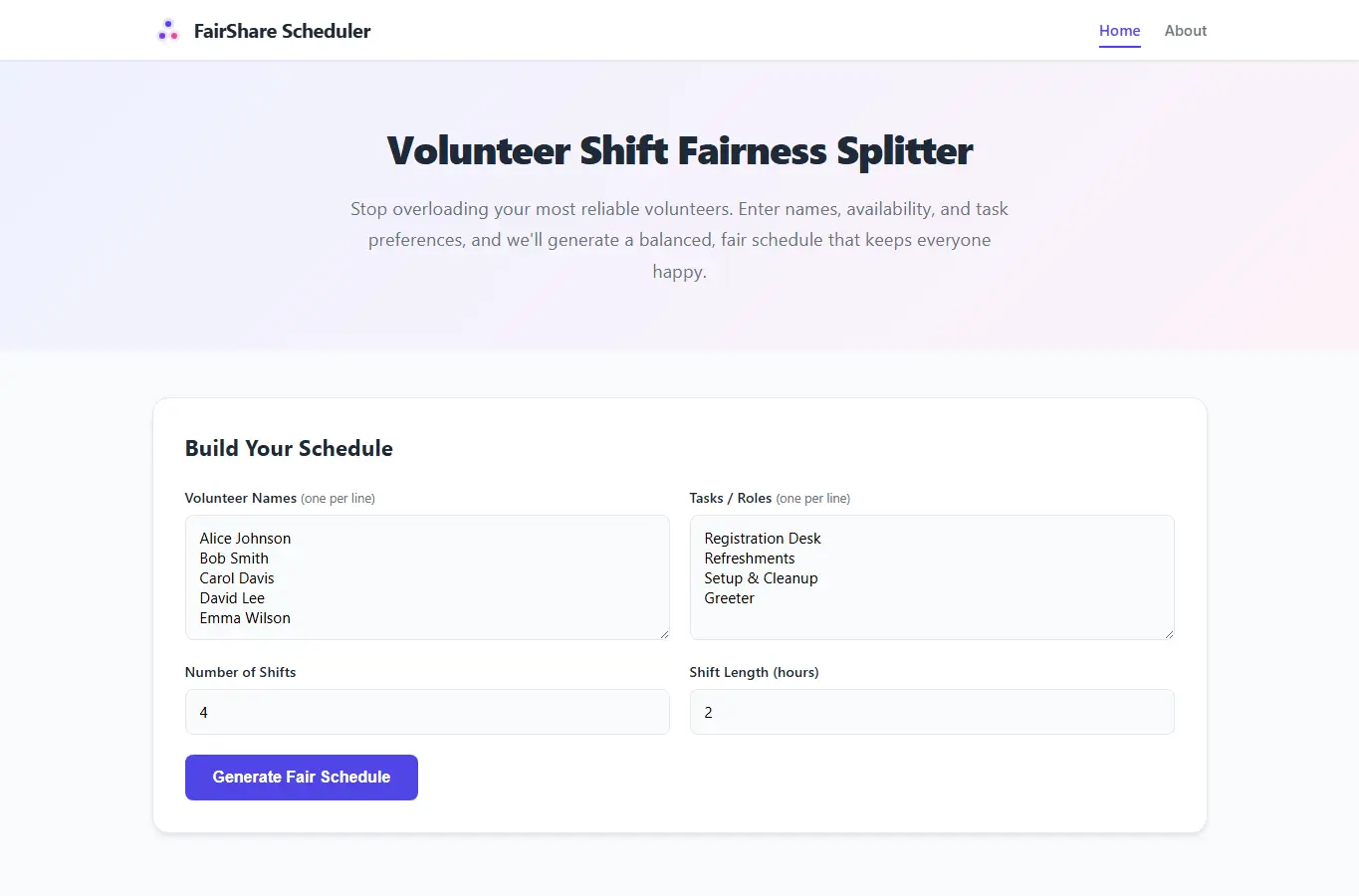 Screenshot of Volunteer Shift Fairness Splitter interface showing the project page in use